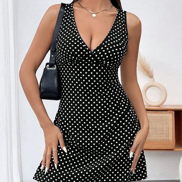 Black and White Casual Women's Polka Dot V-Neck Sleeveless Dress - Picture 2 of 6